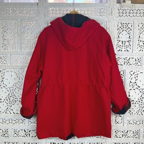 Vintage Fofeld Red Wool Plaid Drawstring Hooded Coat Womens XL-2X Retro Indie - Picture 6 of 8